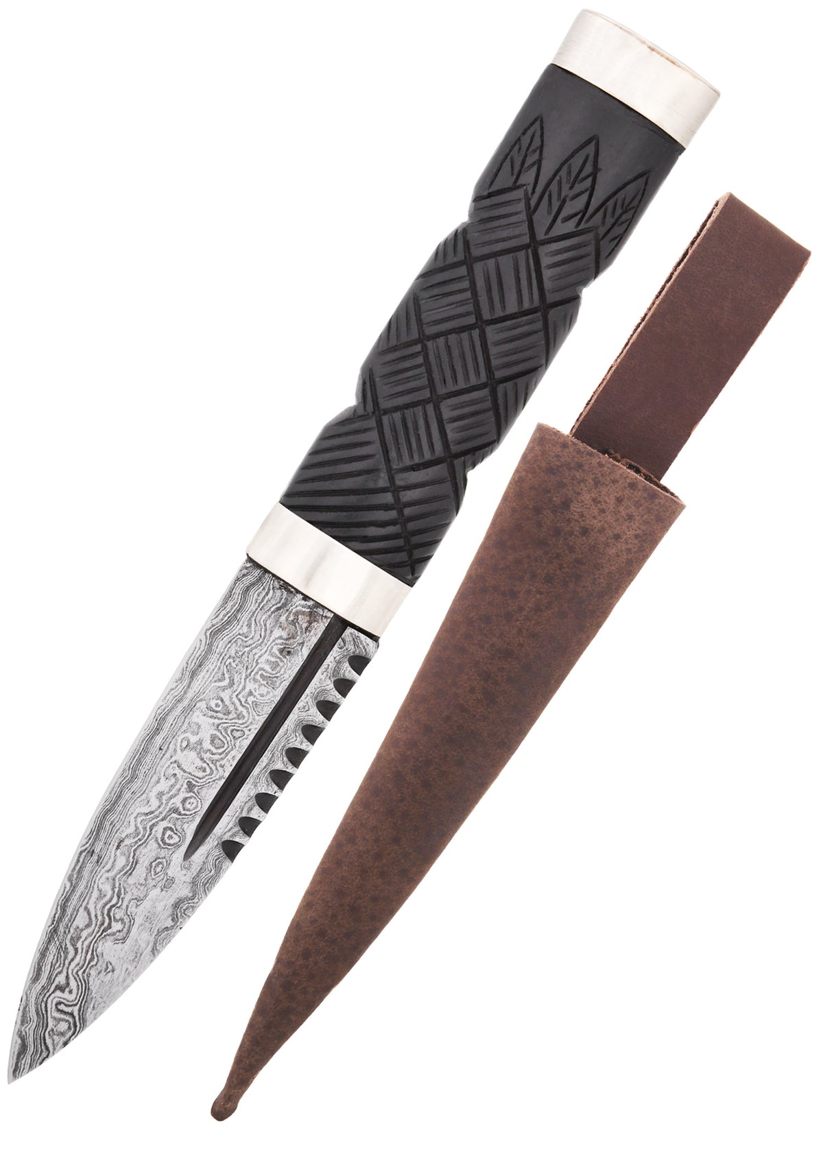 Couteau écossais Sgian Dubh à lame damassée avec étui en cuir