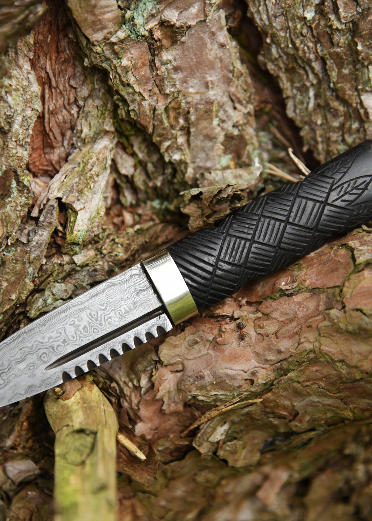 Couteau écossais Sgian Dubh à lame damassée avec étui en cuir