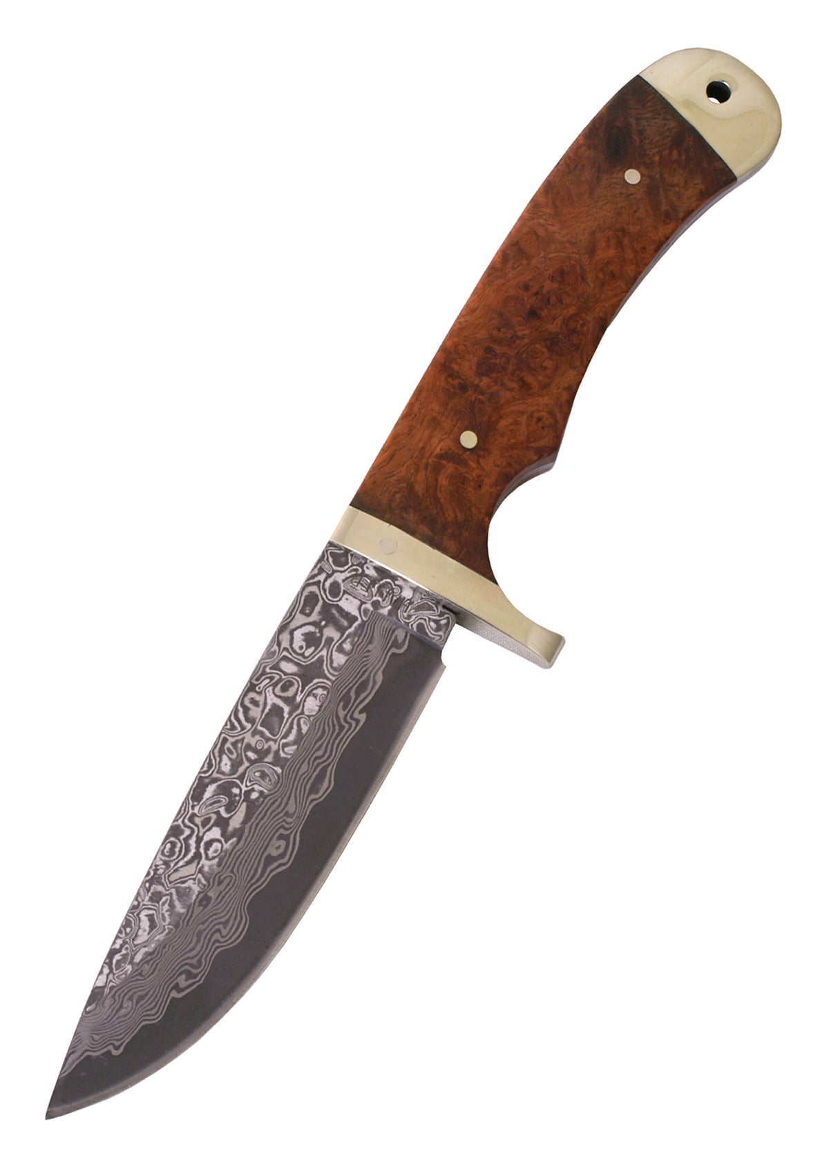 Couteau damassé inox avec manche en loupe de bois et étui en cuir