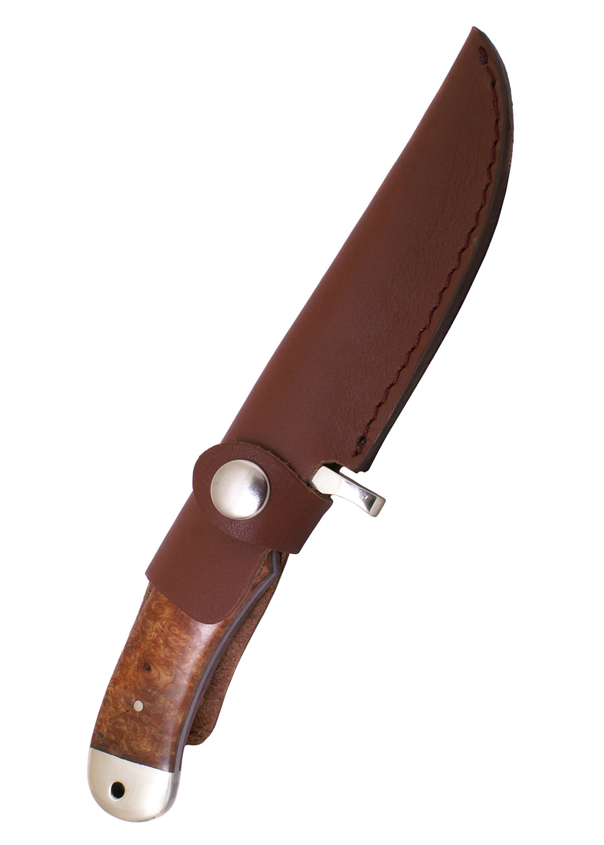 Couteau damassé inox avec manche en loupe de bois et étui en cuir