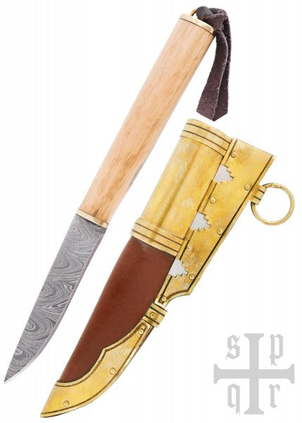 Kleines Wikinger-Messer aus Gotland, Damaststahl, Griff aus Holz