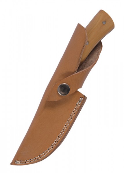 Couteau de chasse avec manche en bois d'olivier, env.20 cm, étui en cuir,