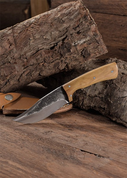 Couteau de chasse avec manche en bois d'olivier, env.20 cm, étui en cuir,