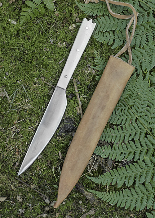 Couteau de table médiéval avec manche en os et étui en cuir