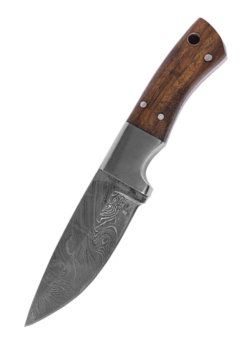 Petit couteau damassé avec manche en bois dur et étui en cuir