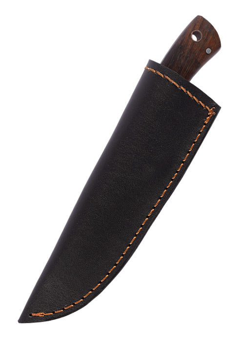 Petit couteau damassé avec manche en bois dur et étui en cuir