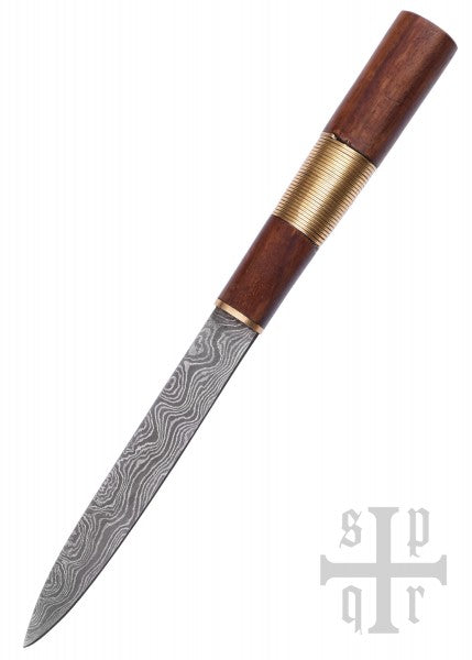 Couteau viking en acier damassé avec manche en bois/laiton