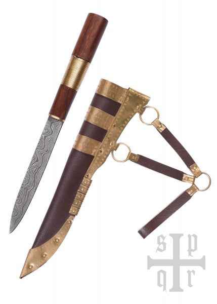 Couteau viking en acier damassé avec manche en bois/laiton