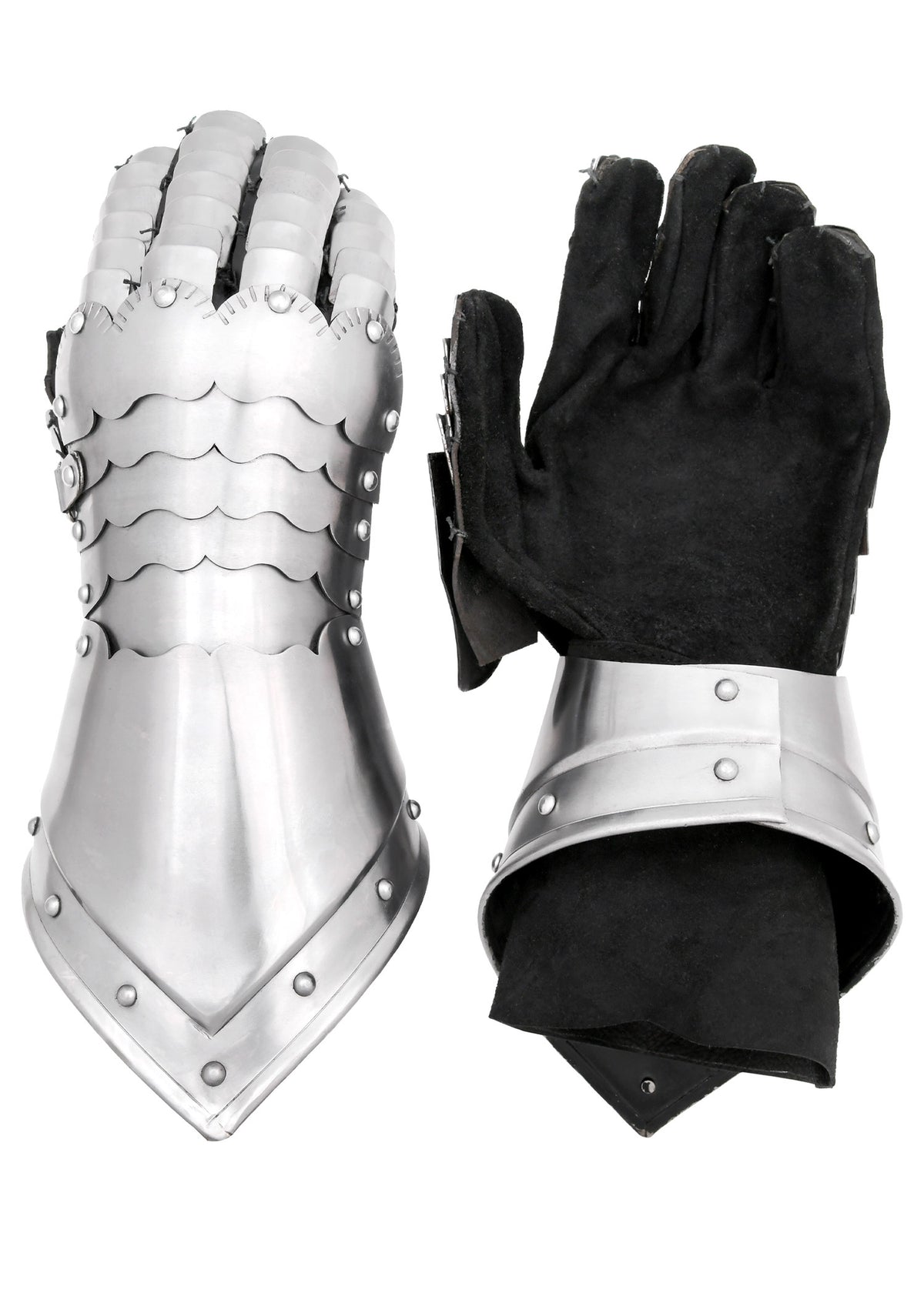 Gantelets de plates en acier avec gants en cuir, la paire