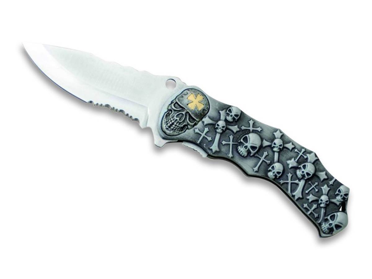 Couteau Pliant Têtes de Mort et Croix Lame 9cm - Archery Connect