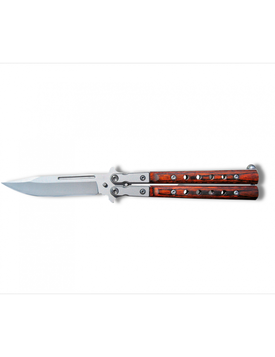 Couteau Papillon Ajouré Lame 9cm Acier Gris Mat et Bois Clip Ceinture - Archery Connect