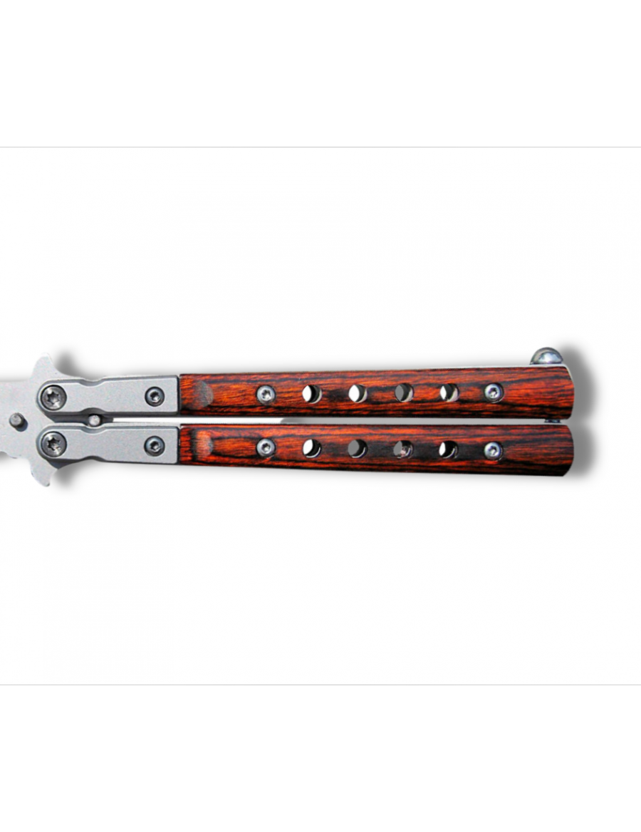 Couteau Papillon Ajouré Lame 9cm Acier Gris Mat et Bois Clip Ceinture - Vue 2 - Archery Connect