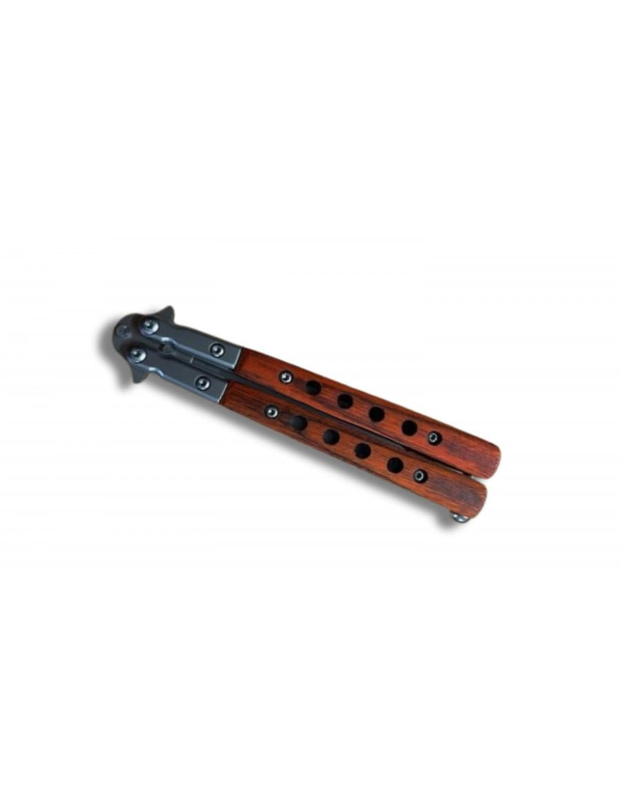 Couteau Papillon Ajouré Lame 9cm Acier Gris Mat et Bois Clip Ceinture - Vue 3 - Archery Connect
