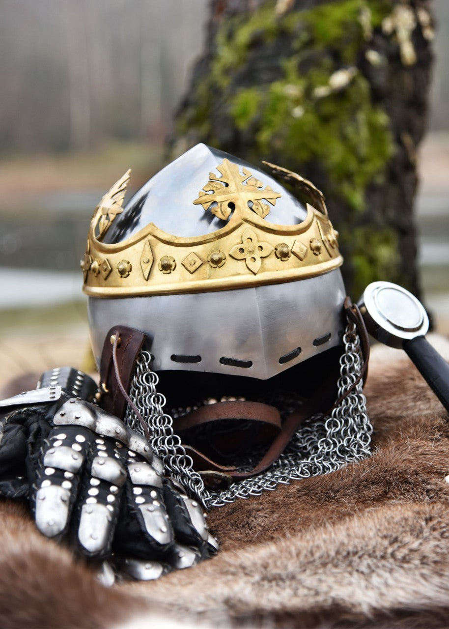 Casque de Robert Bruce, bassinet en acier avec couronne en laiton et camail