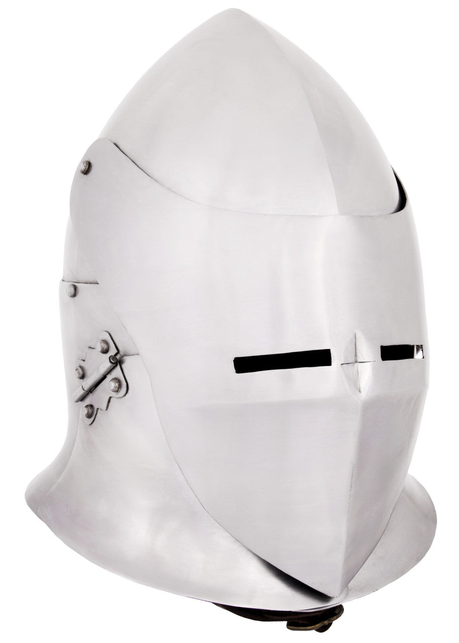 Casque en pot médiéval à visière relevable en acier