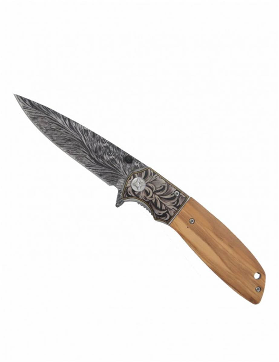 Couteau Pliant Bois d'Olivier Gravé Lame 10cm - Archery Connect
