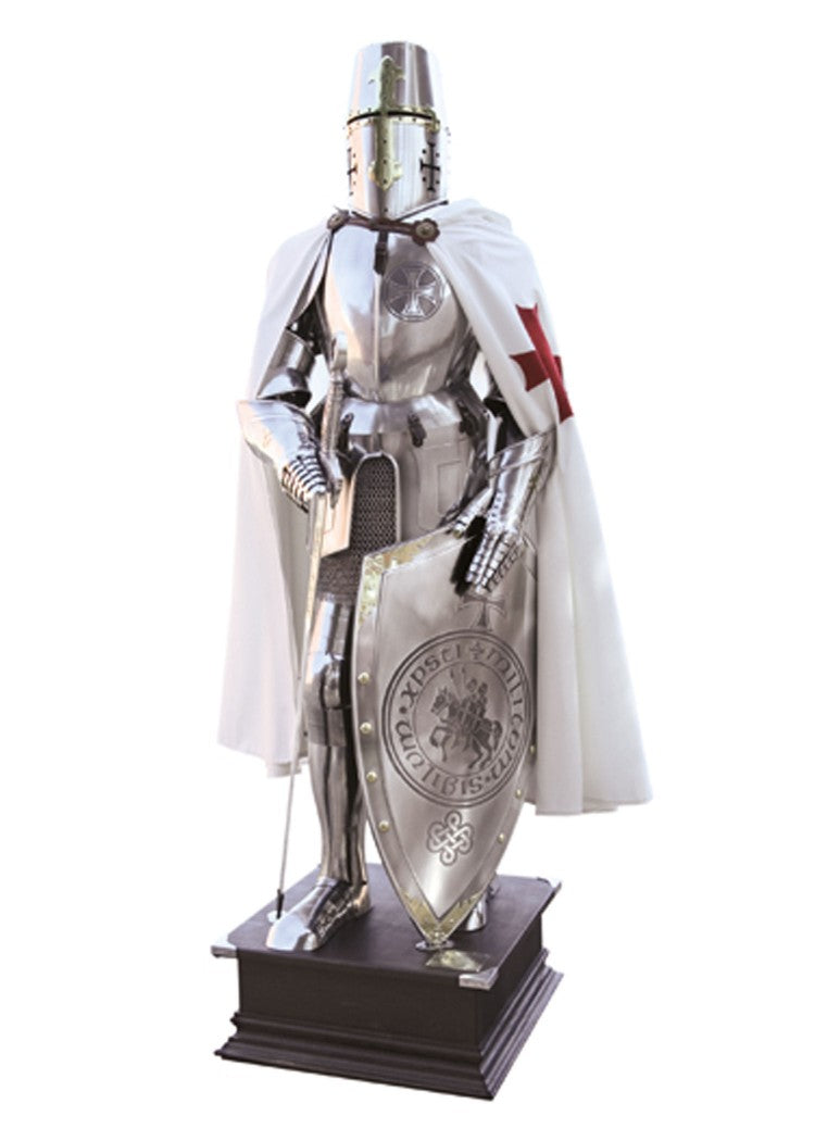 Armure de Templier Marto en taille réelle sur socle en bois