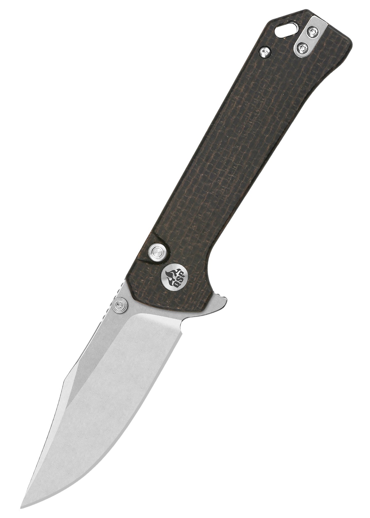 Couteau pliant QSP Grebe button lock, manche Micarta brun foncé