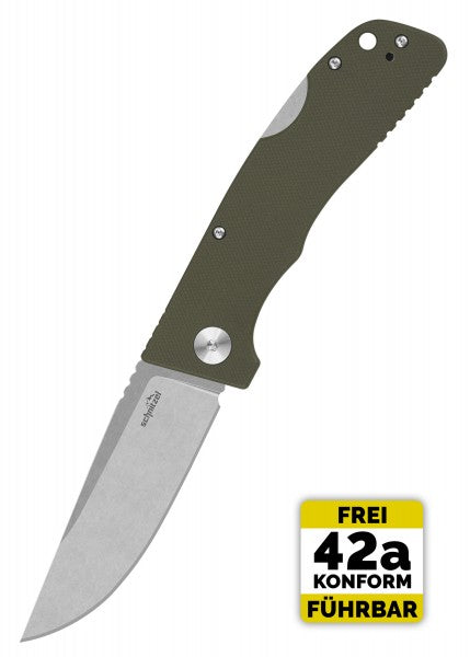 Schnitzel Kvar – Couteau pliant Backlock 2 mains, vert et stonewash