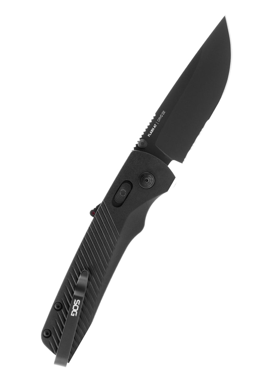 Couteau pliant SOG Flash AT Blackout, lame D2 noire mi-dentelée