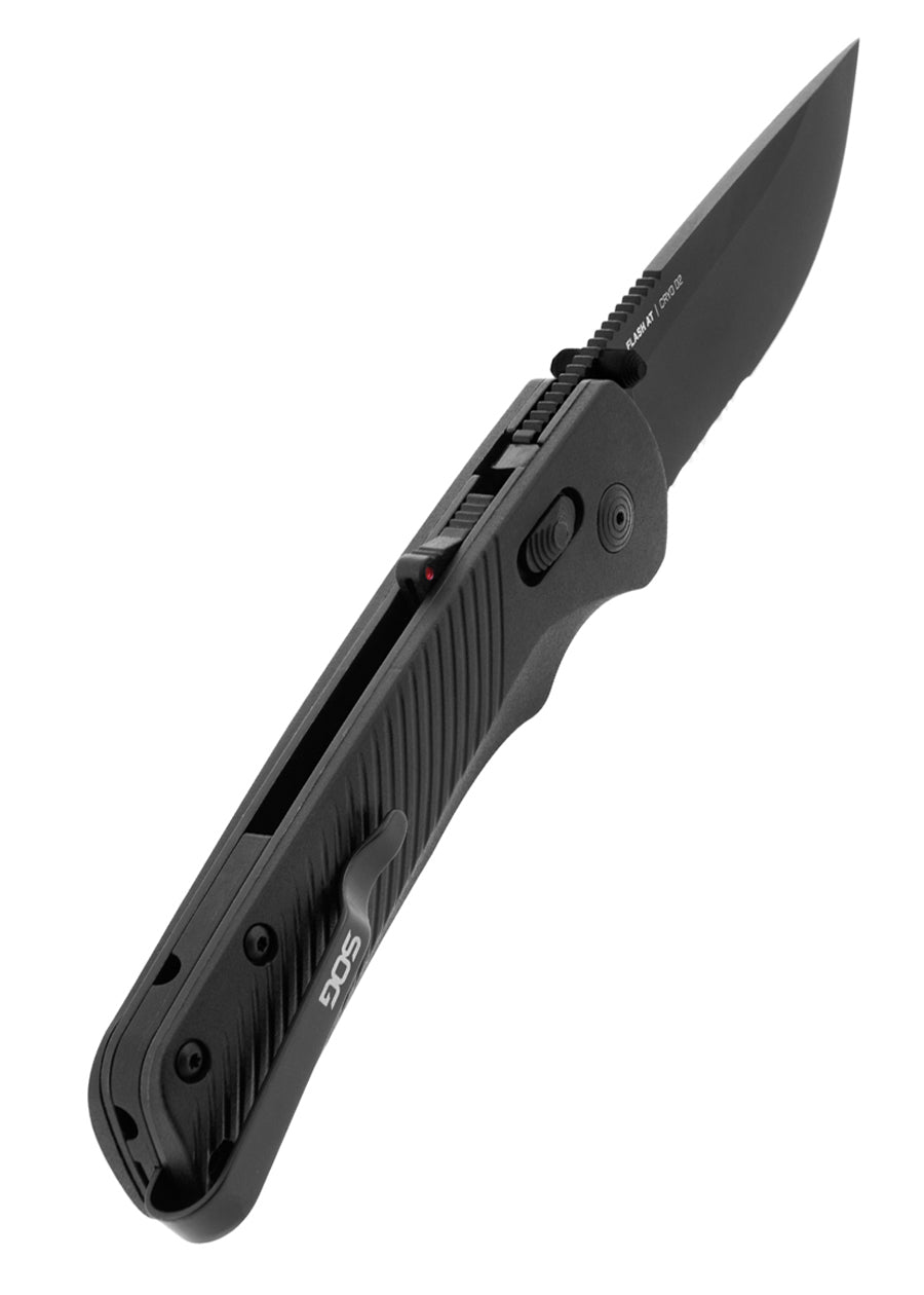 Couteau pliant SOG Flash AT Blackout, lame D2 noire mi-dentelée