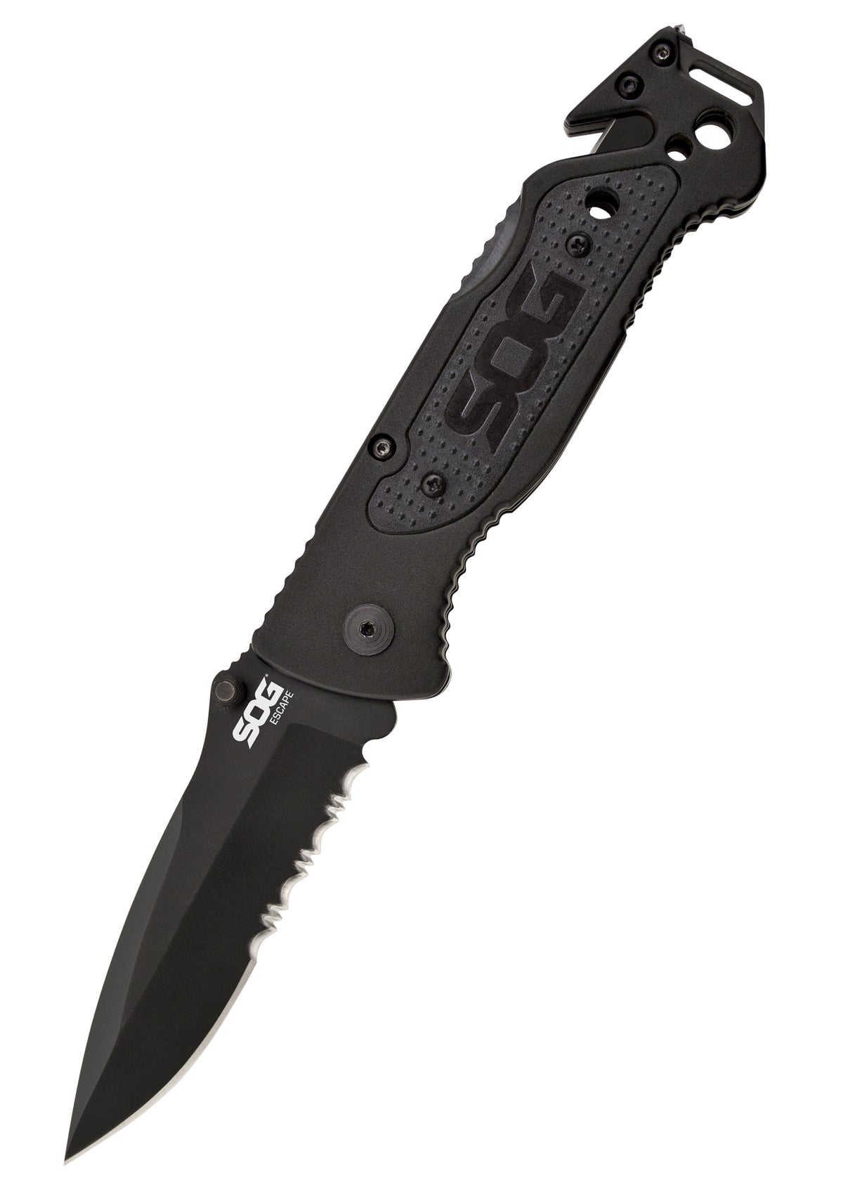 Couteau pliant SOG Escape noir, lame mi-dentelée