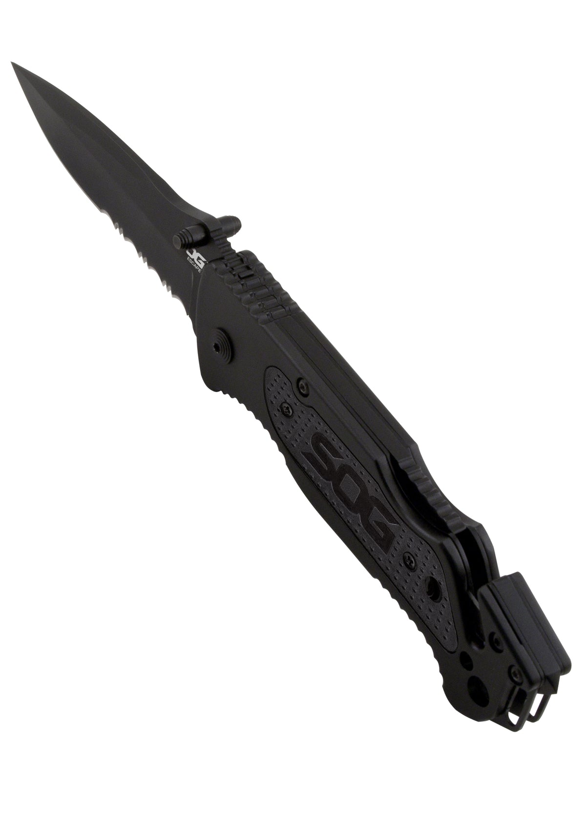 Couteau pliant SOG Escape noir, lame mi-dentelée