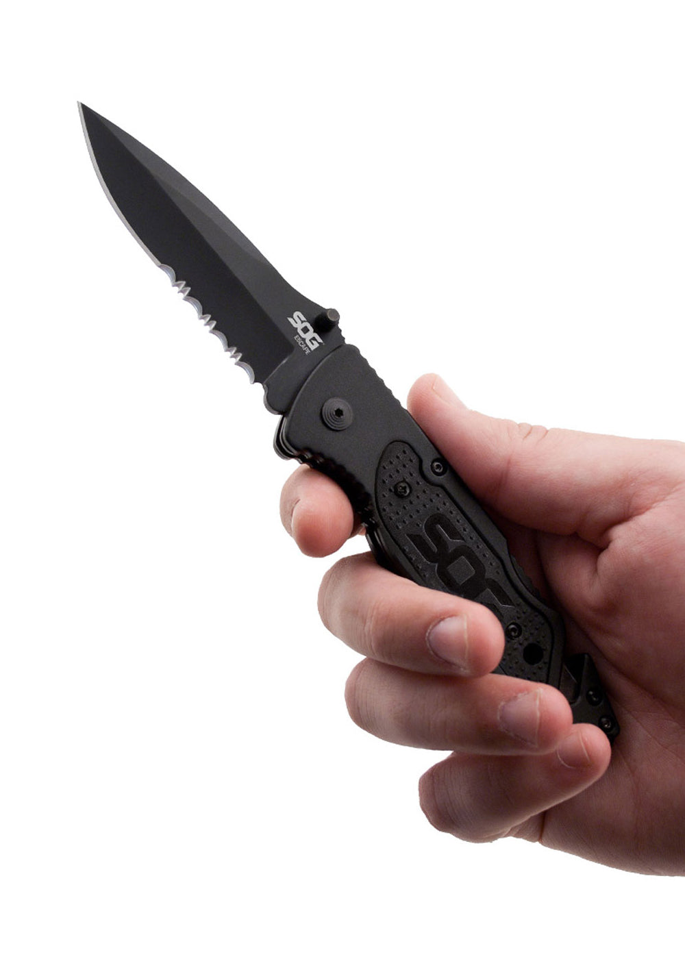 Couteau pliant SOG Escape noir, lame mi-dentelée