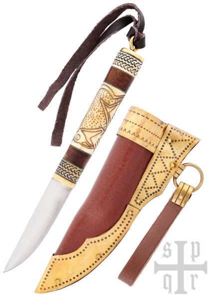 Petit couteau viking, acier au carbone, manche bois/os avec motif Torslunda