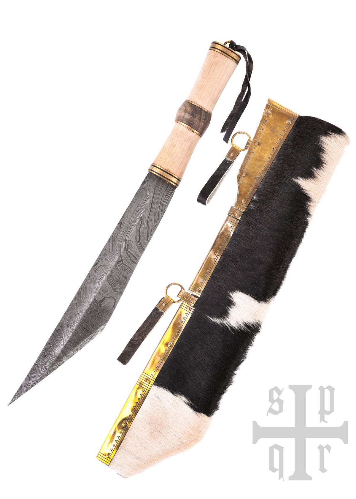 Sax viking en acier damassé avec fourreau en peau de chèvre