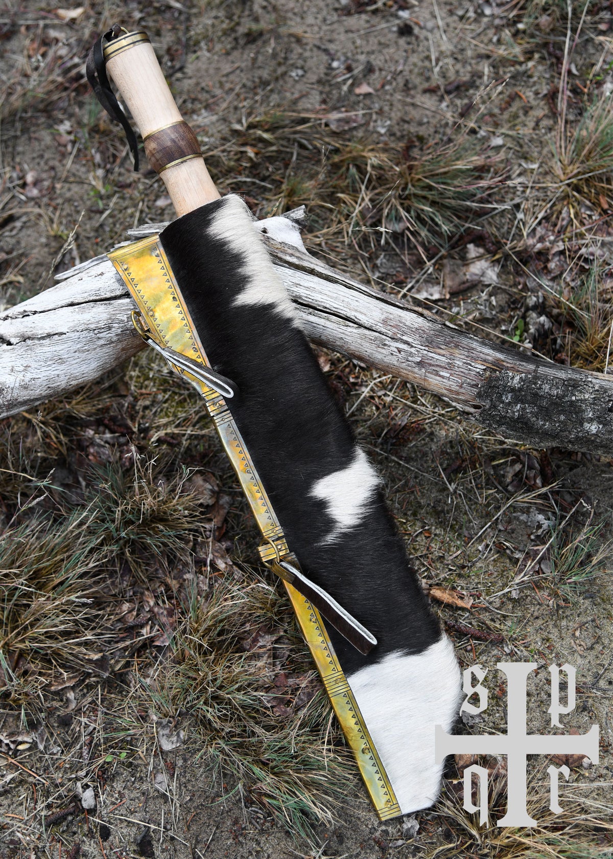 Sax viking en acier damassé avec fourreau en peau de chèvre