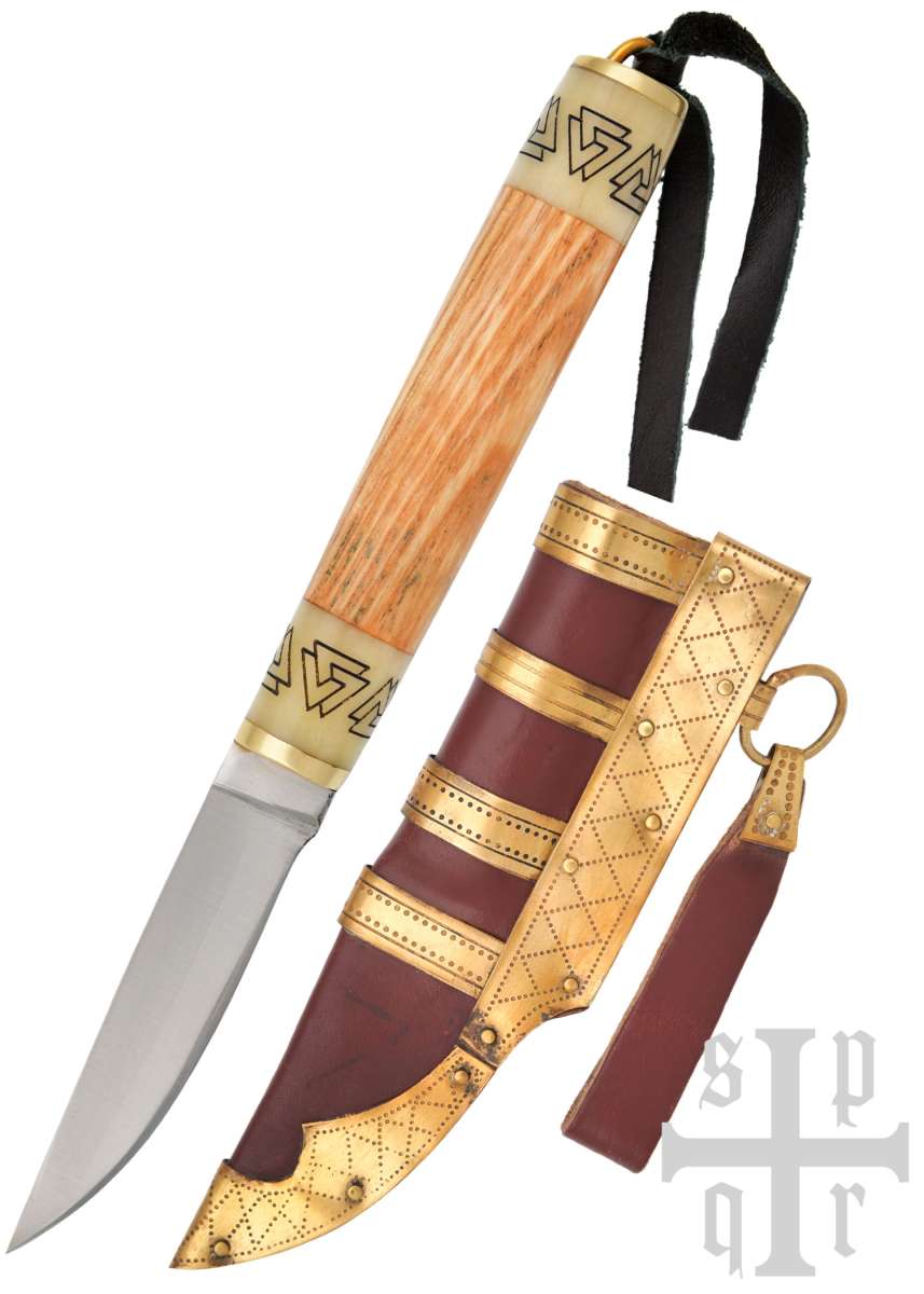 Petit couteau viking Birka, acier au carbone, manche en bois/os avec motif Valknut