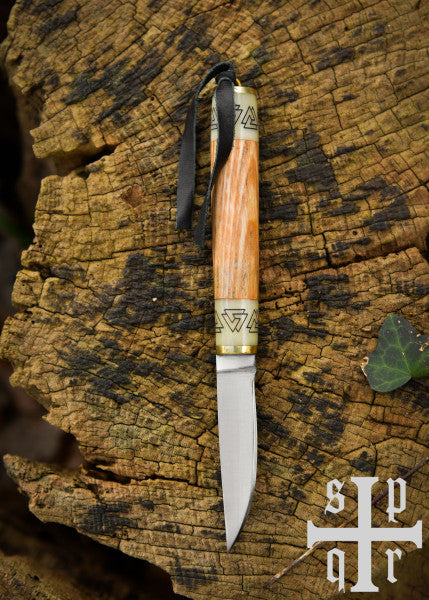Petit couteau viking Birka, acier au carbone, manche en bois/os avec motif Valknut