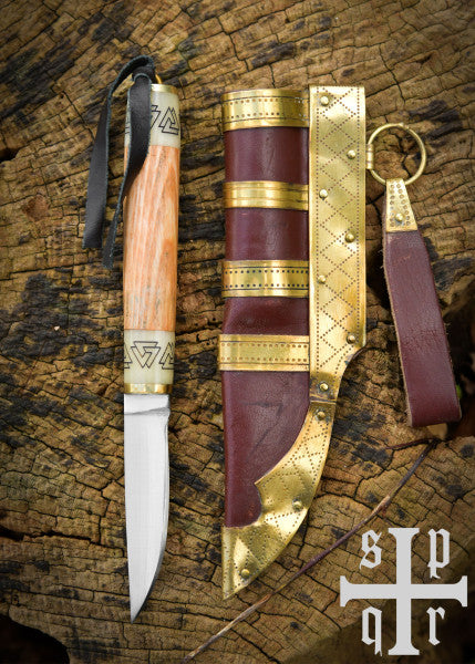 Petit couteau viking Birka, acier au carbone, manche en bois/os avec motif Valknut