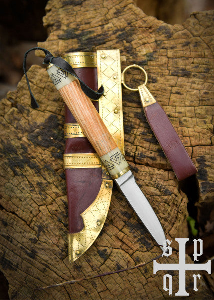 Petit couteau viking Birka, acier au carbone, manche en bois/os avec motif Valknut