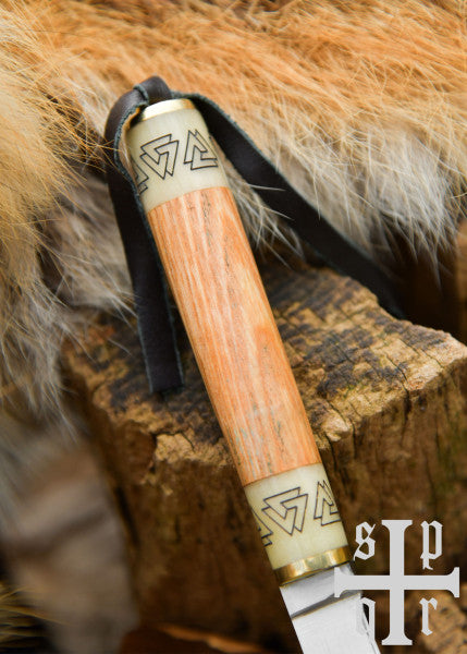 Petit couteau viking Birka, acier au carbone, manche en bois/os avec motif Valknut